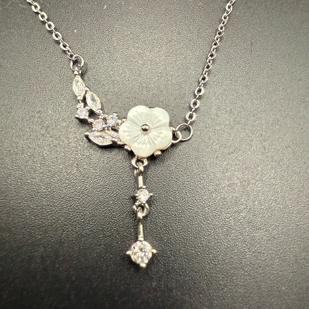 Camila Floral Silver Tone with Rhinestones Necklace Wedding Dainty